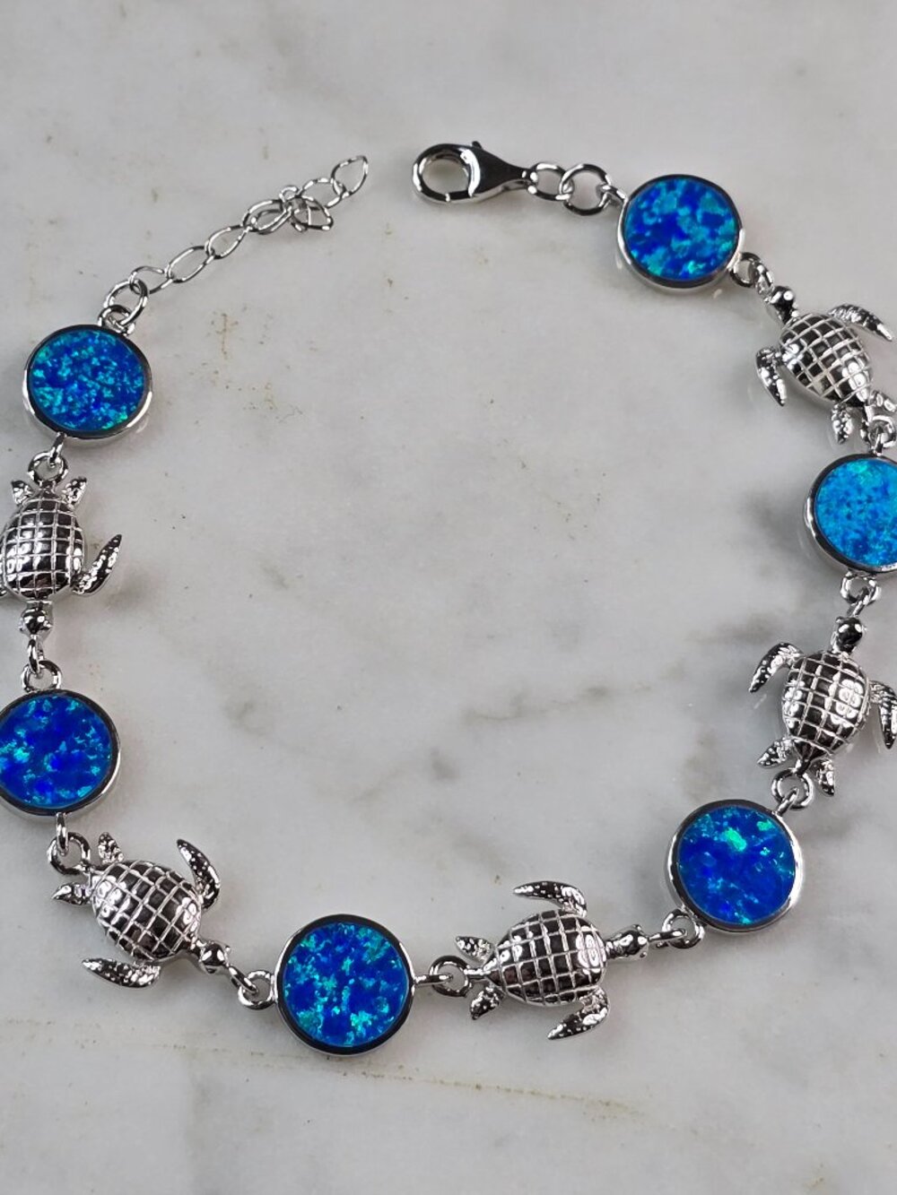 Womens Sterling Silver Blue Opal Sea Turtle Ocean Bracelet 9.2g E4186